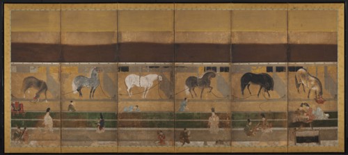 Horses and Grooms in the Stable, early 1500s. Tosa School (Japanese). Six-panel folding screen;