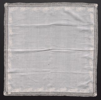 Handkerchief, early 1800s. France, early 19th century. Embroidery on linen ground; lace edging;