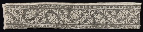 Fragment of a Band with Vines and Leaves, 1600s. Italy, 17th century. Needle lace, filet/lacis