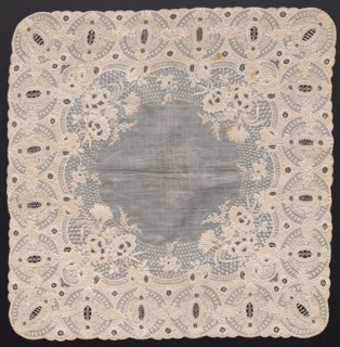 Handkerchief, 1800s. France, 19th century. Embroidery: linen; overall: 46.3 x 46.3 cm (18 1/4 x 18
