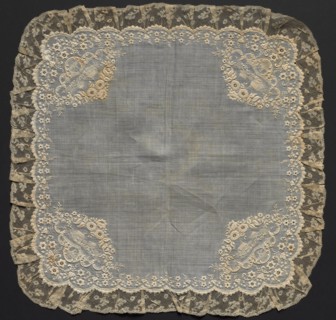 Handkerchief, 1700s. France, 18th century. Embroidery on linen ground; lace edging; overall: 46.3 x
