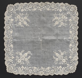 Handkerchief, 1800s. France ?, 19th century. Embroidery: linen; overall: 45.7 x 45.7 cm (18 x 18 in