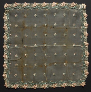 Handkerchief, 1889. Cuba, late 19th century. Pineapple cloth, embroidered in silk; overall: 33.7 x