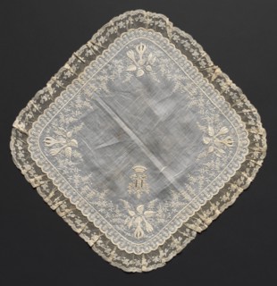 Handkerchief, 1800s. France or Flanders, 19th century. Embroidery on linen ground; lace edging;