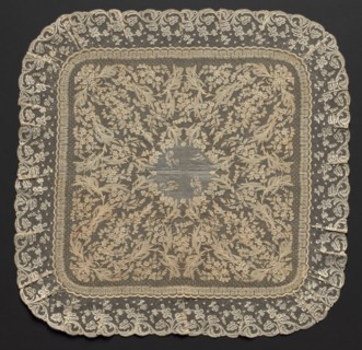Handkerchief, 1800s. France or Italy, 19th century. Embroidery on linen ground; lace edging;