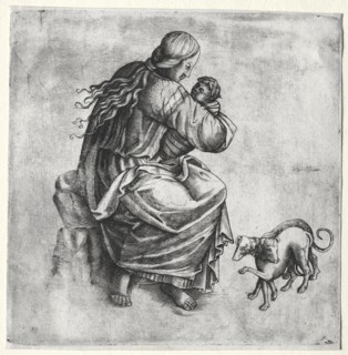 Mother and Child with Two Dogs, late 1400s. Italy, late 15th Century. Engraving