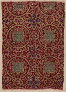 Lampas with foliate roundels, 1300s. Spain, Granada, Nasrid period. Lampas: silk and gold thread;