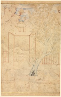 Master and Disciple in a Garden Pavillion; Single Page Illustration, c. 1570-1590s. Iran, Qazvin,
