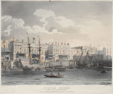 Customs House, from the Thames River, 1808. J. Bluck (British), after Thomas Rowlandson (British,
