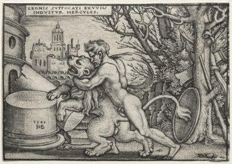 The Labors of Hercules:  Hercules Strangling the Nemean Lion, 1548. Hans Sebald Beham (German,