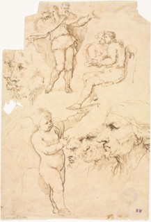 Sketches of Heads and Figures, 1600s. Italy, Naples, 17th century. Pen and brown ink; sheet: 26 x
