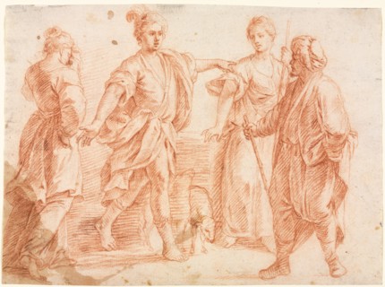 Jacob and Laban with Rachel and Leah, 1600s. Italy, Bologna, 17th century. Red chalk; sheet: 21.3 x
