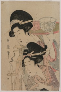 Two Geishas beside a Candle, mid 1800s. Kitagawa Kikumaro (Tsukimaro) (Japanese). Color woodblock