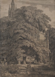 Gothic Church among Oaks, 1810. Karl Friedrich Schinkel (German, 1781-1841). Lithograph with tint