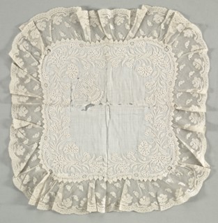 Handkerchief, late 1800s. France, 19th century. Embroidered cotton, bobbin lace; overall: 47 x 48.6