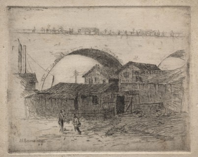 Old Superior Street Viaduct, Cleveland, 1887. Arthur E. Schneider. Etching