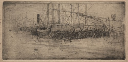 Slip along the Cuyahoga River, 1887. Arthur E. Schneider. Etching