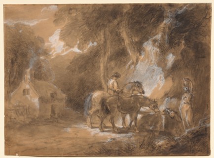 The Halt at the Spring. Attributed to Thomas Barker (British, 1769-1847). Charcoal heightened with