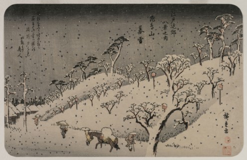 Evening Snow at Asuka Hill, from the series Eight Views of the Environs of Edo, c. 1837-38. Utagawa