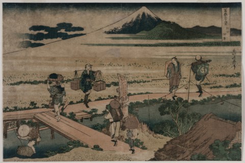 A View of Mount Fuji and Travellers by a Bridge, ca. 1835. Katsushika Hokusai (Japanese, 1760-1849)