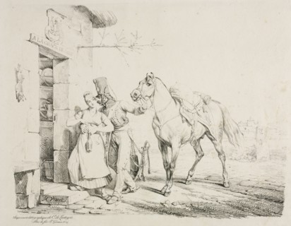 A Hussar Embracing a Servant. Horace Vernet (French, 1789-1863). Lithograph