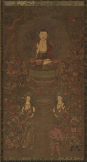 Amida Triad, 1500s. Japan, Muromachi period (1392-1573). Hanging scroll mounted as a panel, colors