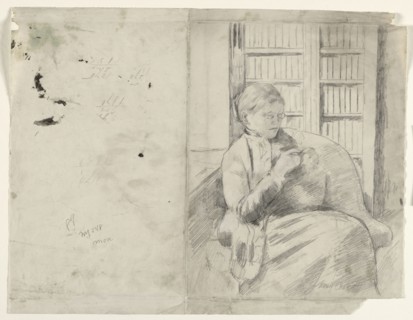 Knitting in the Library (recto), c. 1881. Mary Cassatt (American, 1844-1926). Graphite; sheet: 31.3