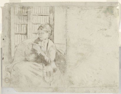 Knitting in the Library (verso), c. 1881. Mary Cassatt (American, 1844-1926). Soft ground lines