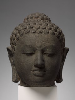 Head of Buddha, early 800s. Indonesia, Java, Borobudur, Sailendra Period, 9th Century. Volcanic