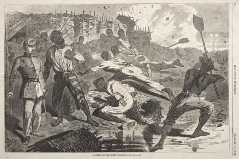 A Shell in the Rebel Trenches, 1863. Winslow Homer (American, 1836-1910). Wood engraving