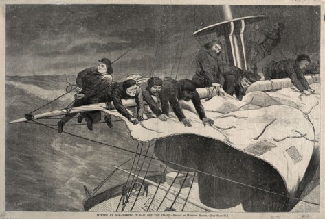 Winter at Sea - Taking in Sail Off the Coast, 1869. Winslow Homer (American, 1836-1910). Wood