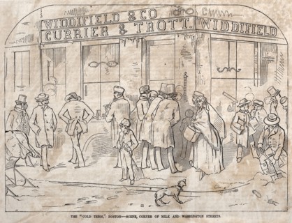 The "Cold Term," Boston - Scene, Corner Milk and Washington Streets, 1858. Winslow Homer (American,