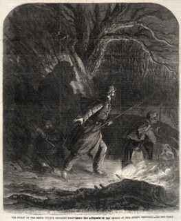 The Picket of the Tenth Indiana Regiment discovering the Approach of the Rebels at Mill Spring,