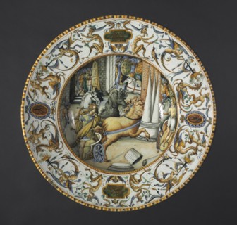 Plate, c. 1560. Atelier of the Fontana Family (Italian). Tin-glazed earthenware (maiolica);