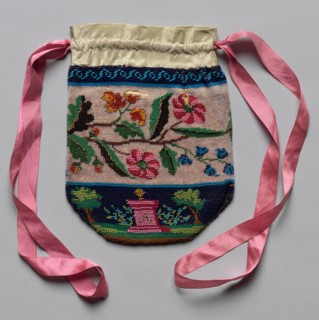 Beaded Bag (floral motif), 19th century. America, 19th century. Silksatin, glass beads, pink ribbon