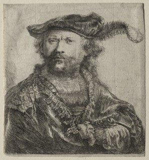Self-Portrait in Velvet Cap with Plume, 1638. Rembrandt van Rijn (Dutch, 1606-1669). Etching with
