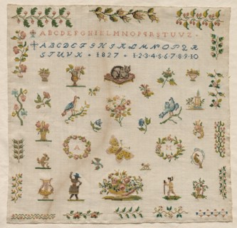Sampler, 1827. Italy, 19th century. Embroidery; silk on linen; overall: 38.1 x 38.4 cm (15 x 15 1/8