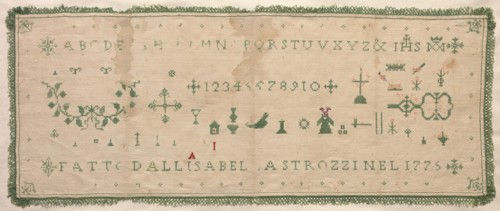 Sampler, 1775. Italy, 18th century. Embroidery; silk on linen; overall: 21 x 51.8 cm (8 1/4 x 20