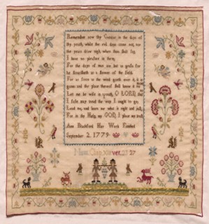 Sampler, 1779. England, late 18th century. Embroidery; silk on woolen canvas; overall: 32.2 x 30.5