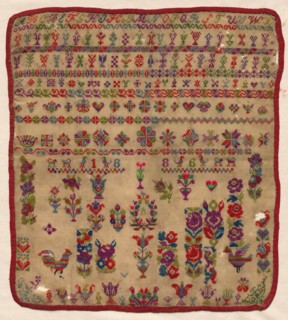Sampler, 1886. Czechoslovakia, late 19th century. Embroidery; coarse linen ground, wool cross