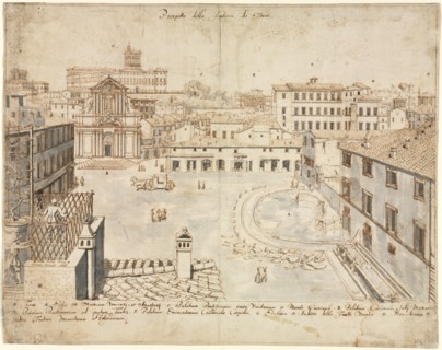 Eighteen Views of Rome: The Trevi Fountain, 1665. Lievin Cruyl (Flemish, c. 1640-c. 1720). Pen and