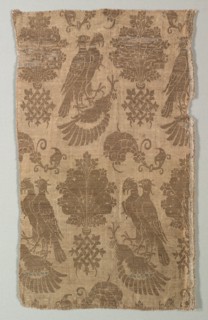 Gold-patterned Silk with Falcons and Heraldry, 1360-1400. Italy, last third of 14th century. Silk,