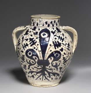 Two-Handled "Oak Leaf" Pharmacy Jar with Fleur-de-Lys, c. 1430-1450. Workshop of Giunta di Tugio