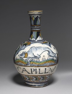 Pharmacy Bottle, c. 1460-80. Italy, Faenza, 15th century. Tin-glazed earthenware (maiolica);