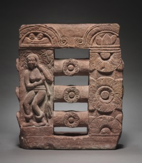 Section of Monolithic Railing with Bather and Lotus Medallions, c. 150-250. India, Mathura, Kushan