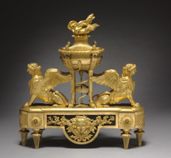 Pair of Andirons (Chenet), c. 1785. France, 18th century. Gilt bronze; overall: 50.3 x 46.3 x 14 cm