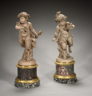 Young Satyress Running with an Owl's Nest and Young Satyr Running with an Owl (pair of statuettes),