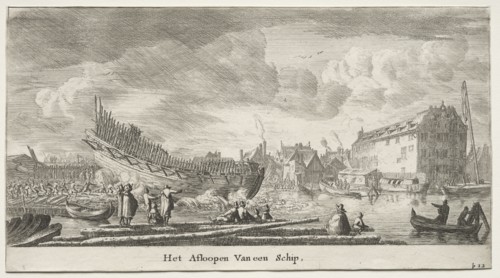 Ships of Amsterdam: Launching a Ship. Reinier Nooms (Dutch, c. 1623-1667). Etching