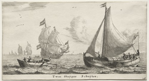 Ships of Amsterdam:  Two Pier Boats. Reinier Nooms (Dutch, c. 1623-1667). Etching