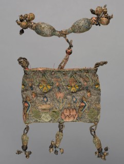 Purse, early 1600s. England, early 17th century. Embroidery; silk and silver filé on linen ground;